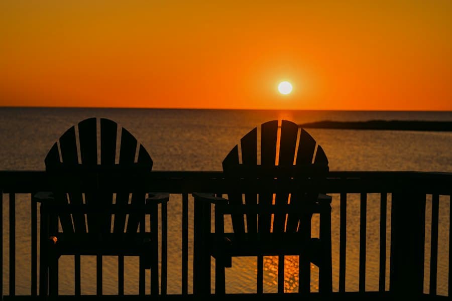 Beach house deck at sunset